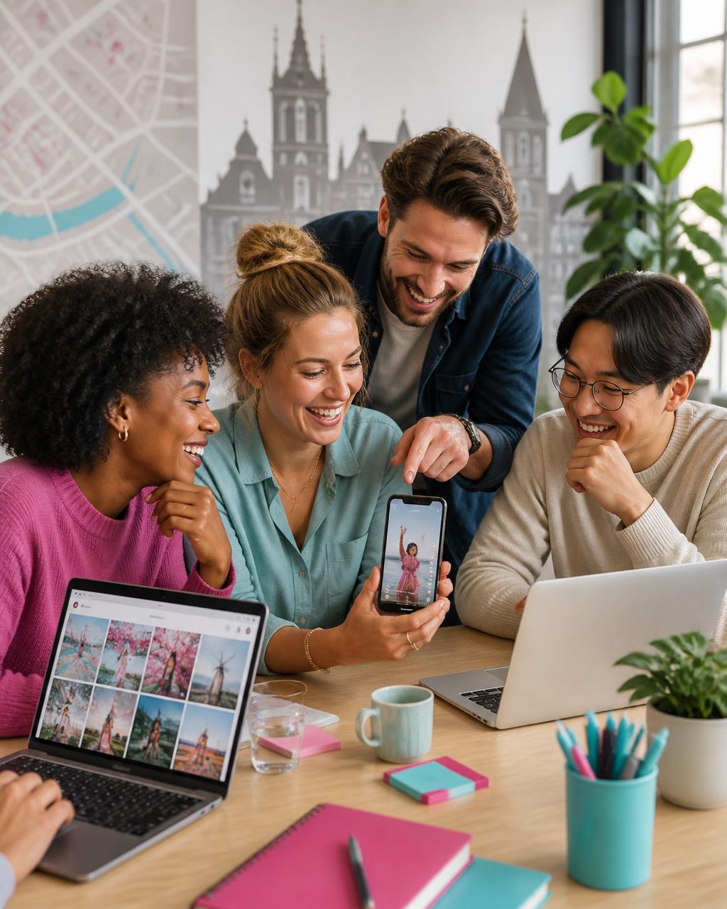 Teamleden bekijken samen social media content op een telefoon